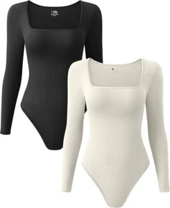 OQQ Women's 2 Piece Bodysuits Sexy Ribbed One Piece Square Neck Long Sleeve Body - Picture 1 of 6