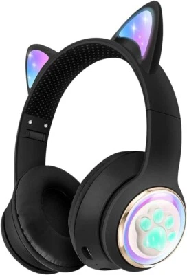 Rigwig Black LED Cat Ear Bluetooth Headphones Kids Mic Wireless Foldable Gift - Image 1 of 4