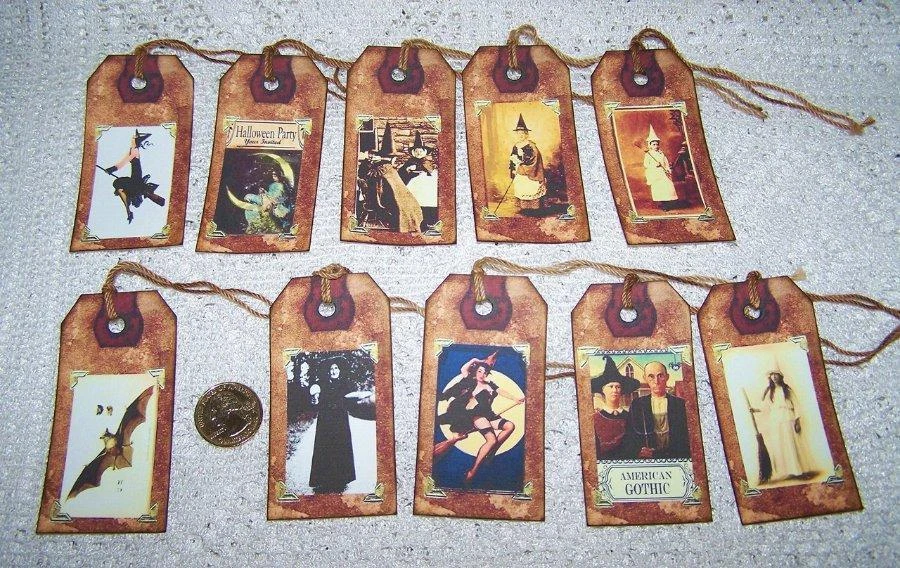 10-Halloween-Primitive-Vintage-Witch-Wicca-Samhain-LinenCardstock-Gift-Hang-Tags - Image 1 of 1