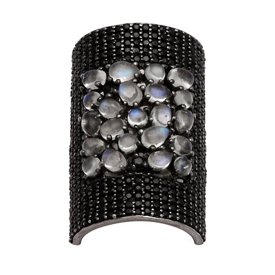 Anillo con racimo de piedras preciosas espinales negras piedra lunar de plata 925 de dedo grande Foto 1 de 3