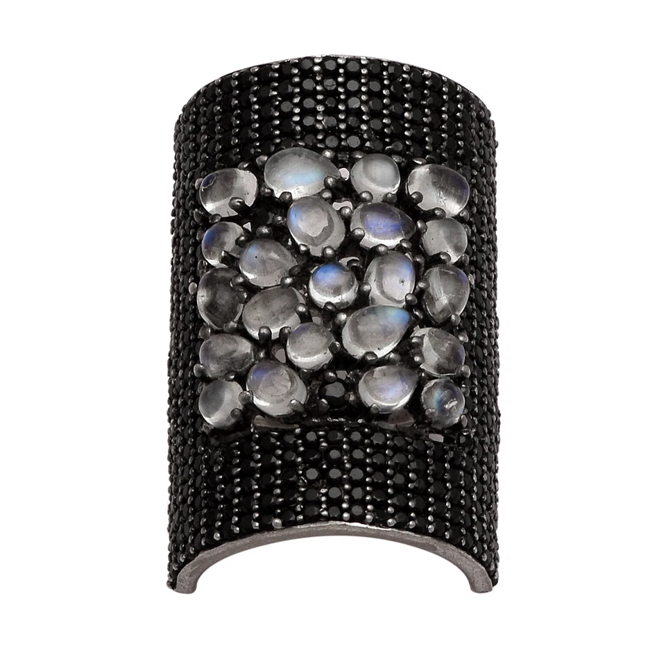 Big Finger 925 Silver Moonstone Black Spinal Gemstone Cluster Ring - Image 1 of 3