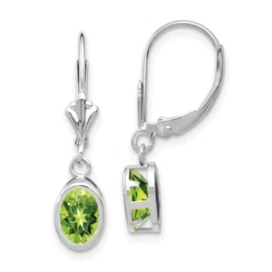 Real 14K White Gold 7x5mm Oval Peridot Leverback Earrings; Women & Men - Picture 1 of 4