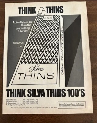 Silva Thins Cigarrillo Vintage Revista Impresión Anuncio Efímero Bigote Lamer Gato Foto 1 de 2