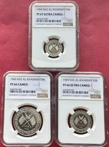 RAS AL KHAIMAH , SILVER SET 1 , 2 & 5 RIYALS 1969  NGC PF 66-67 UC (24) , RARE - Picture 1 of 2