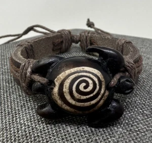 Handmade Brown Leather Sea Turtle Bracelet with Spiral Symbol Engraving - Picture 1 of 12