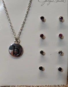 NEW JACLYN SMITH COLLECTION "B" NECKLACE & 4 PAIRS Of EARRINGS, SILVERTONE, NIP - Picture 1 of 6