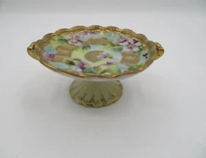 Vtg Nippon Hand Painted Trinket Dish w Pedestal Floral Gold Embellishments - Picture 1 of 9