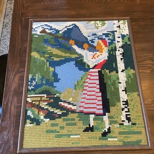 Vintage Needlework Yarn Wood Frame Wall Art 26x22” Girl Playing Trumpet - Picture 1 of 4