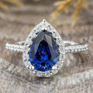 3.54ct Pear Shape Natural Sapphire Gemstones Diamond Wedding Ring 14K White Gold - Picture 1 of 14
