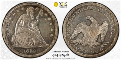 1859-S Seated DOLLAR *PCGS AU* RARE *FAST FREE SHIPPING!!! - Image 1 of 4
