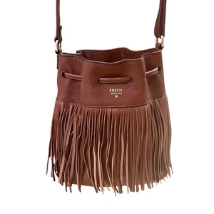 Fossil Shag Fringe Cross Body Bucket Bag Leather Tan Women’s Purse Jules - Picture 1 of 6