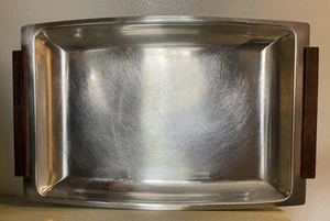 Mid-Century Modern Danish Serving Tray Stainless Steel Wood Handles Denmark - Picture 1 of 10