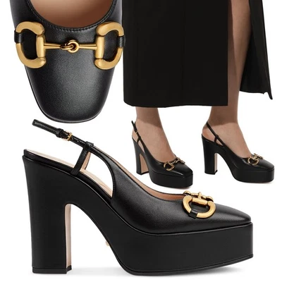 GUCCI SHOES PLATFORM BLACK LEATHER SLINGBACK PUMPS w HORSEBIT $1,100 sz 41 11 - Image 1 of 4