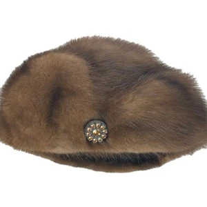 Vintage 1940s -50s Ladies Fur Dress Hat Brown Mink Rhinestone Satin Lined size 7 - Picture 1 of 11