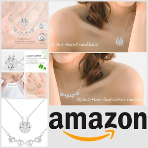 Silver Necklace To My Wife Heart Four Leaf Clover Heart Cubic Zirconia - Picture 1 of 8