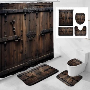 Set 4 Pezzi Tenda Doccia Porta Legno Vintage con Tappeti Antiscivolo, Coperchio WC C... - Foto 1 di 6