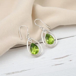 Peridot Gemstone 925 Sterling Silver Unique Jewelry Earrings 1.70" Gift For Wife - Picture 1 of 8