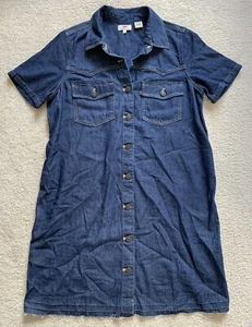 Levis Alina Denim Shirt Dress Womens Sz M Short Sleeve Button Up Raw Hem Western - Picture 1 of 14