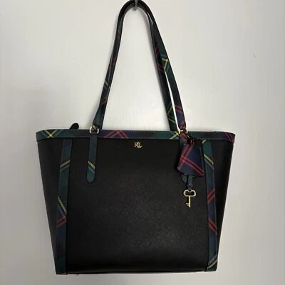 Lauren Ralph Lauren Crosshatch Leather Medium Clare Tote Black / Tartan - Image 1 of 4