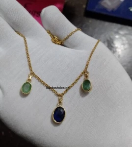 14k Solid Gold Emerald Blue Sapphire Charm Nacklace,Beautiful 3 Charms Nacklace - Picture 1 of 2