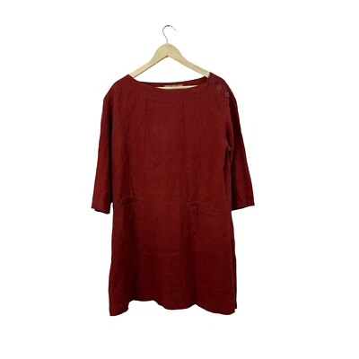 FLAX Small Shift Dress Linen Red Knee Length 3/4 Sleeve Lagenlook Womens READ - Image 1 of 4