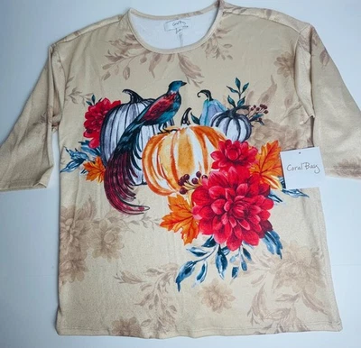 NUEVO CON ETIQUETAS Para mujeres Coral Bay Acción de Gracias Otoño Calabazas Calabaza Faisán Top S XL Camisa Foto 1 de 3