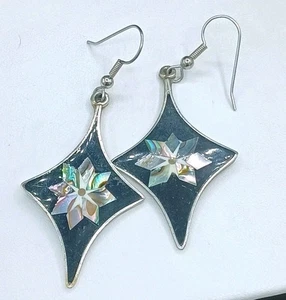 Pendientes Vintage Alpaca México Plata Estrella Ónix Negro Abulón Flor Incrustación 2" - Imagen 1 de 8