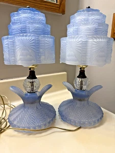 Antique Rene Lalique Style Blue Frosted Art Deco Skyscraper Boudoir 2 Lamps Work - Picture 1 of 24