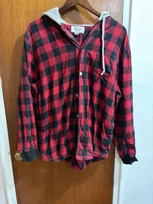 Crooks & Castles Shirt Mens Large Red Buffalo Plaid Flannel Knit Hoodie Shacket - Image 1 of 4