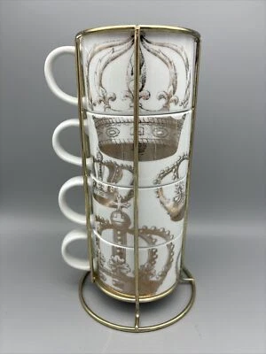 Pier 1 Imports Juego de 4 tazas apilables con estante dorado Royal Crown tazas de té de café Foto 1 de 4