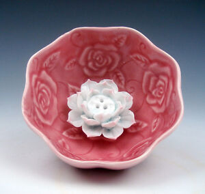 Tazón decorativo de porcelana esmaltada rosa flores grabadas con loto interior #081415