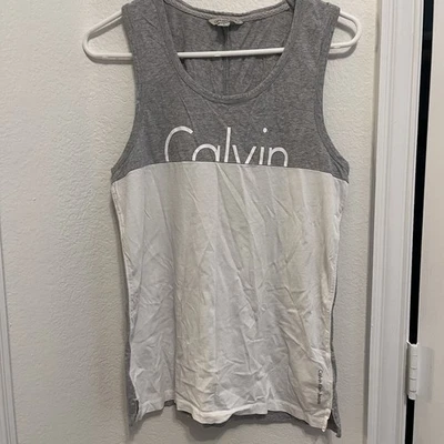Calvin Klein Jeans Women’s Gray White Stretch Athletic Tank Top Muscle Tee Small - Imagem 1 de 4
