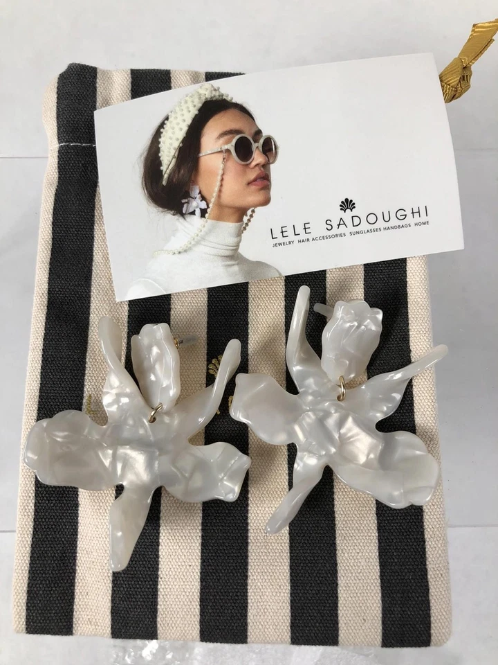 Lele Sadoughi Small Paper Lily Post Statement Earrings Mother of Pearl White