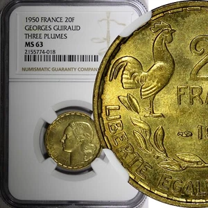 France 1950 20 Francs NGC MS63 GEORGES GUIRAUD 3 plumes HIGH GRADE KM# 916.1 (8) - Picture 1 of 5