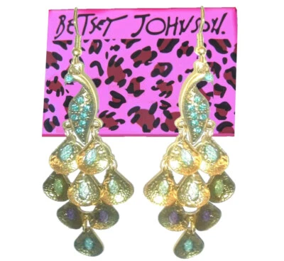 Betsey Johnson Crystal Blue Peacock Gold Filigree Dangle Earrings Free Gift Bag - Image 1 of 4