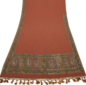 Sushila Vintage Peach Saree Blend Georgette Silk Hand Beaded 5 YD Sari Fabric - Picture 1 of 10