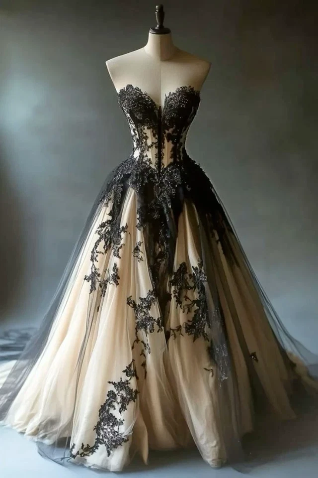 Gothic Black &Champagne Wedding Dresses Sweetheart Lace Appliques Bridal Gowns - Image 1 of 4