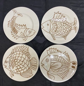 Fitz & Floyd 1976 Les Fish Brown 7 1/2" Salad Plate Set of 4 KM10 - Picture 1 of 9