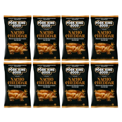 Pork King Good Nacho Cheddar Flavored Pork Rinds Chicharrones 8 Pack Keto Snacks - Image 1 of 4