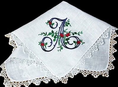 Pañuelo vintage de lino azul tatuado monograma inicial "A" rosas*#26 Foto 1 de 3