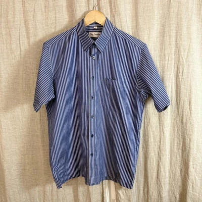 Camisa Guy Laroche Para Hombre Mediana Azul Blanco Rayas Manga Corta Algodón Abotonado Foto 1 de 4