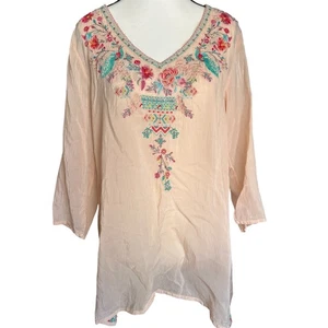 Johnny Was Tunic Top Womens Medium Embroidered Floral Peach V Neck Asymmetrical - Picture 1 of 11