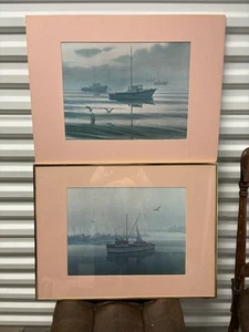 Pair Of Vintage Bill Layne Prints, Boats On Sea, Calm, Matted - Bild 1 von 8