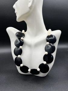 Vintage 1960s Mod Black Disc & White Acrylic Beaded Necklace, 20” - Picture 1 of 7