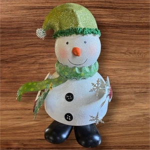 WEIHNACHTEN GLITZERNDER HÜPFENDER Schneemann weiß mit grüner Mütze & Schal 13,5" - Bild 1 von 8