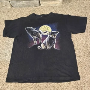 T-shirt vintage cuccioli di lupo luna grafica Y2K anni 90 taglio Hanes etichetta fauna selvatica nazionale M - Foto 1 di 7