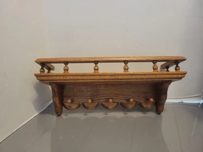 Vintage Wood Wall Shelf w Spindle Rail & 5 Pegs  Cottage Core  - Image 1 of 4