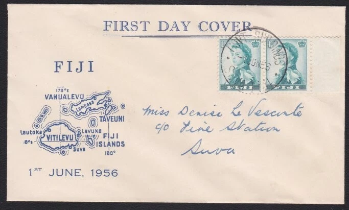 FIJI 1956 1d (2) FDC - Govt Buildings Suva cds.............................C1099 - Image 1 of 1
