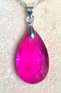 Hot Pink Coloured Faceted Glass Teardrop Pendant With Silver Coloured Bail. - Picture 1 of 4