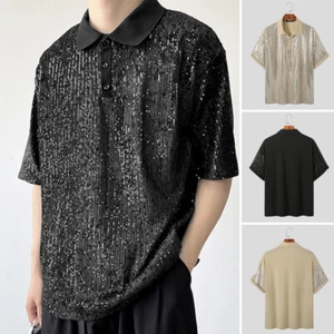 Camisa suelta de lentejuelas metálicas de manga corta para hombre Ropa de club nocturno Blusa Prendas para el torso - Imagen 1 de 14